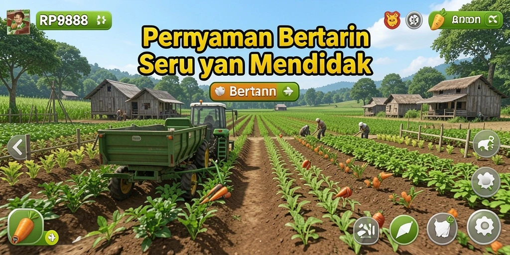Screenshot antarmuka RP888 menampilkan aktivitas bertani yang seru dan interaktif.